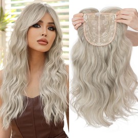 MY-LADY Hair Toppers for Women with Thinning Hair Loss 18 Inch Toppers Hair Pieces Wavy Wiglets with Bangs 6"x6" Lace Base Clip in Synthethic Hairpieces Mixed Grey