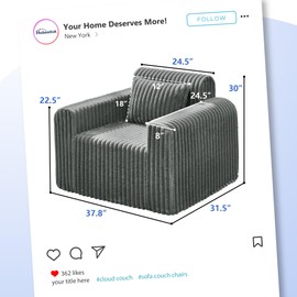 Hobestluk Single Sofa Foam Couch Sofa for Small Spaces Comfy Sofas with Removable Cover Furry Couch with Pillows for Living Room, Bedroom, Apartment, Office (Grey, Standard)