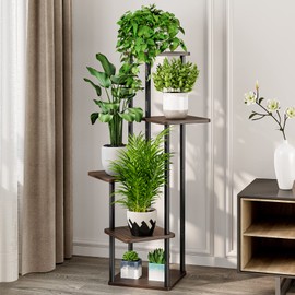 AZERPIAN Plant Stand 5 Tier Indoor Metal Flower Shelf for Multiple Plants Corner Tall Flower Holders for Patio Garden Living Room Balcony Bedroom, Black Oak (5 Tier-Black Oak)