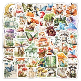 50Pcs Ins Forest Fairy Tale Stickers, Vintage Cottagecore Nature Fairytale Floral Plant Animal Decals Cartoon Fantasy Green Woodland Theme Sticker for Diaries Water Bottle Laptop Scrapbooking