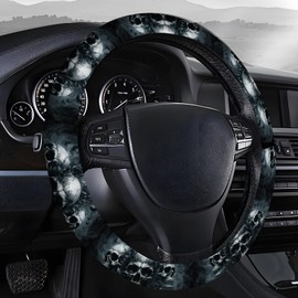 AOPEFNX Steering Wheel Covers for Car, Truck, and SUV, Cute Non-Slip Breathable Elastic Steering Wheel, Car Accessories, Universal 15 Inch Leather Cover for Men Women Vantage Skull