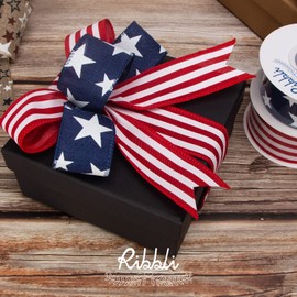 Ribbli Patriotic Ribbon Wired Navy with White Star 1-1/2 Inch x 10 Yard Red White Blue Ribbon for Wreaths,Crafts,Big Bows,Gift Wrapping, 4th of July, Independence Day, Memorial Day