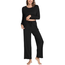 GYS Women's Pajama Sets Long Sleeve Sleepwear Comfy 2 Piece Ladies Pj Sleep Set, Viscose Made from Bamboo, A- Black, Large