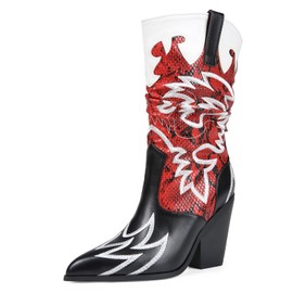 JRNIEQITO Women Cowboy Boots Mid Calf Embroidered Cowgirl Boots for Women Knee High Chunky Block Heel Pointed Toe Wide Calf Western Black Red US9.5