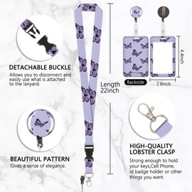 Purple Butterfly Ribbon Card Holder ID Card Holder with Lanyard, Removable Lanyard with Retractable Clip for Business Cards, Entrance Tickets, ID Cards