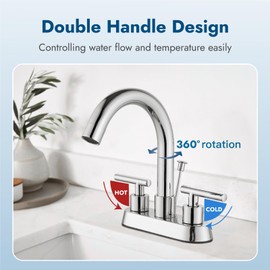 Cinwiny Polished Chrome 4 Inch Centerset Bathroom Faucets with Lift Rod Drain Stopper 360° Swivel Spout Bathroom Sink Faucet 2 Lever Handle 3 Hole Vanity Faucet Mixer Tap