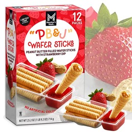 Peanut Butter Rolled Wafer Sticks | PB & Jelly Filled Wafer Sticks with Strawberry Dip | Grab & Go Individually Wrapped Packs | School Snack Party Appetizer Holiday Gift (12 Packs, Strawberry Dip & Wafer Sticks)