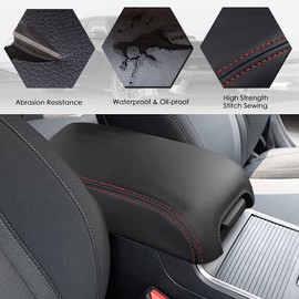 sportuli Center Console Cover Anti-Scratch Leather Armrest Pad Replace for 2019-2024 2025 Dodge RAM 1500 2500 3500, for All Makes & Models with Bucket Seats (Red Stitches)