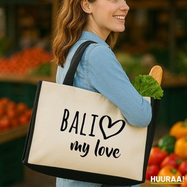 Huuraa Jute bag Bali my love Gift shopper shopping bag Black 21 liters jute and cotton Bali my love Attention