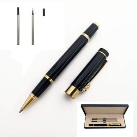 Accod Fine Tip Ballpoint Pen, High-End Business Signature Pen Metal Pen Clip Black Ink Rollerball Pen with Two 0.5mm Refills Gift Pen Premium Gift Box (Black)