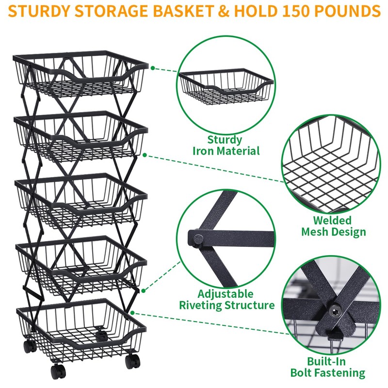 Newzealkids Fruit Vegetable Storage Basket 5 Tiers Stackable Metal Wire