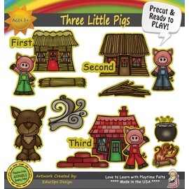 Playtime Felts Three Little Pigs Felt Set 16 Adorable PRECUT & Ready to Play Felt Figures for Flannel Board Teaching for Toddlers, Preschoolers and Kindergarten - Durable Felt Characters