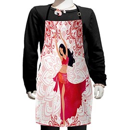 Ambesonne Oriental Apron, Belly Dancer Woman and Floral Ornaments, Small Apron Bib with Adjustable Ties for Baking Painting, Small Size, Pink Vermilion