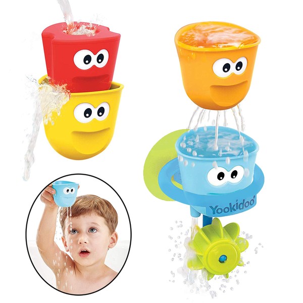 Yookidoo Baby Bath Toys - Fill 'N' Spill Set of Four Stackable Cups with Suction Cup Ring Holder and Water Wheel- Sensory Toy for Bath Time - Attaches to Any Bath Tub