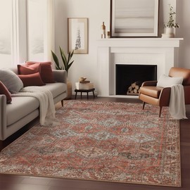 Bavni Area Rug 5x7 Machine Washable Large Brick Red Ultra-Thin Chenille Vintage Distressed Print Bedroom Living Room Accent Rug, Low Pile Lightweight Non Slip with Gripper