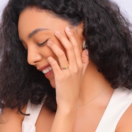 E Rainbow Rings 14K Gold Plated Ring for Women Eternity Jewelry Rings Band Colorful Round Cubic Zirconia CZ Wedding Rings Dainty Gold Rings for Women (8, square cz)