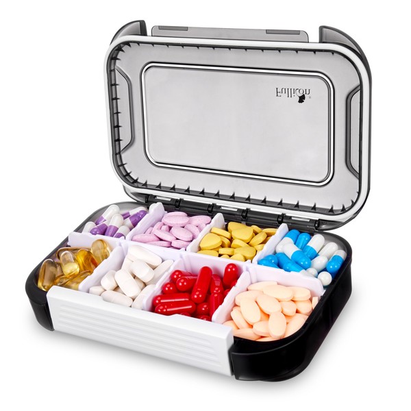 Fullicon Large Pill Organizer with 8 Compartments, Moisture Proof Travel Pill Box with Removable Divider, Daily Pill Container with Lables, Stackable Pill Case for Vitamin, Fish Oil, Supplement (Black)