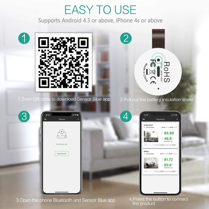 Wireless Thermometer Hygrometer, ORIA Mini Bluetooth 5.0 Humidity Temperature Sensor