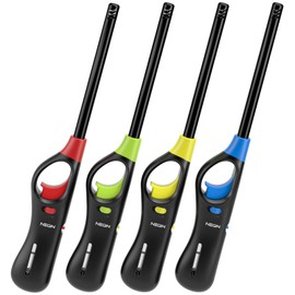 NEON Lighter, Refillable Butane Candle Lighter, 4 Pack Multi-Purpose Reusable Lighters with Long Metal Wand and Adjustable Soft Flame for BBQ, Grill, Stove, Camping, Hiking, Fireplaces, Kitchen