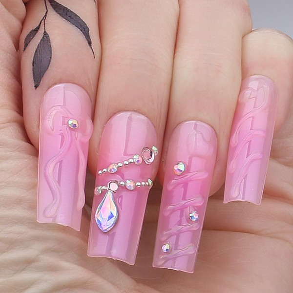 MqpQ Pink Blush Floral Press On Nails Long Square Fake