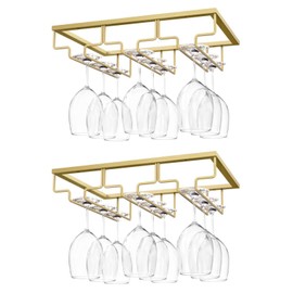 Nuovoware Wine Glass Rack, [2-Pack] Under Cabinet Stemware Holder Storage Hanger for Bar Kitchen (3 Rows) - Gold