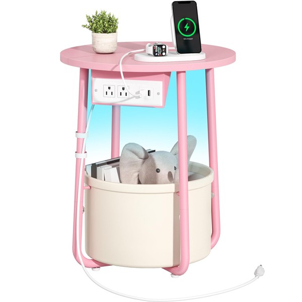 Yoobure Small Side Table, LED Night Stand with Charger Station,