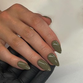 KQueenest 30 Pcs Acrylic Press on Nails Short Almond, Olive Green False Nails Short Almond, Glossy Solid Color Stiletto Fake Nails Set, Reusable Natural Gel Stick on Nail for Women Finger Daily Wear