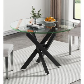 Modern Round Dining Table for 2 4 People, 36 in Glass Kitchen Dining Room Table with Black Metal Cross Legs, Space Saving Circle Dinner Tables for Dining Room, Kitchen, Living Room