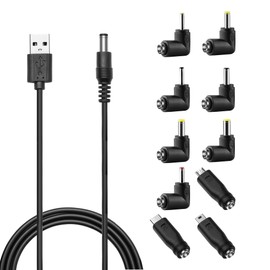 DC 5V Power Cord, USB to DC 5.5x2.1mm Plug Charging Cable with 10 Connector Tips(5.5x2.5, 4.8x1.7, 4.0x1.7, 4.0x1.35, 3.5x1.35, 3.0x1.1, 2.5x0.7, Micro USB, Type-C, Mini USB)
