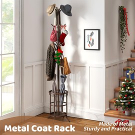 FILWH Coat Rack Freestanding with Umbrella Stand Coat Rack Stand with 12 Hooks Metal Coat Tree Coat and Hat Hanger Jacket Entryway(Brown)