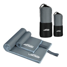 VACNITE Microfibre Hand Towel, Pack of 2, 152 x 80 cm / 80 x 38 cm, Absorbent, Ultra Light, Quick-Drying Sports Towel, Travel Towel Set for Fitness, Beach, Yoga, Sauna, Sports (Grey)