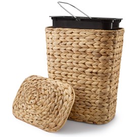 Tidita Wicker Waste Basket - Wicker Trash Can with Lid - Water Hyacinth Bathroom Garbage Can with a Lid - Bathroom Trash Can Boho Style - Removable Liner, Iron Frame (Natural, 4 Gallons)