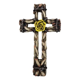 Ebros Gift Rustic Western Yellow Rose with Distressed Faux Wood and Barbed Wires Decorative Wall Cross Plaque Figurine Inspirational Home Accent