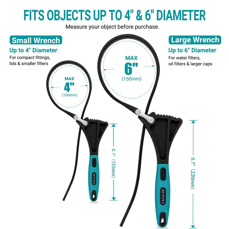 XUNTUI 2-Pack Adjustable Rubber Strap Wrench Set, 4" & 6",