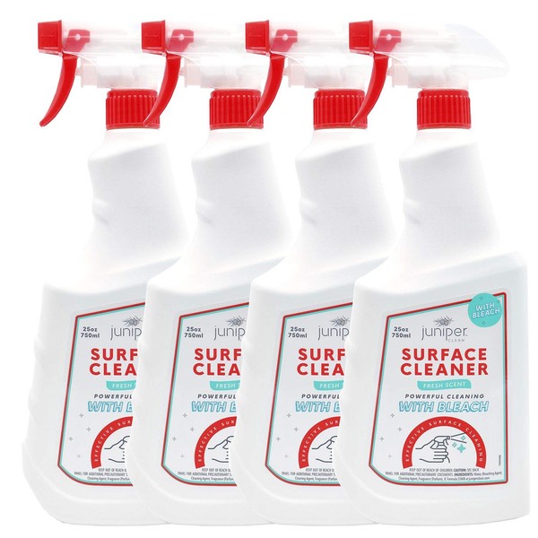 Juniper CLEAN Surface Cleaner with Bleach, Powerful Stain Remover, All-Purpose Cleaner for Bathroom, Kitchen, Toilet, 25 Fl. Oz Trigger Spray Bottle, (Pack of 4), Total 100 Ounce
