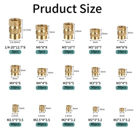 370 Pcs Brass Knurled Insert, M2 M2.5 M3 M4 M5 M6 & 1/4-20 Female Thread Brass Nuts, Press-in Knurled Insert, Embedment Nuts for Plastic Shell 3D Printing Part