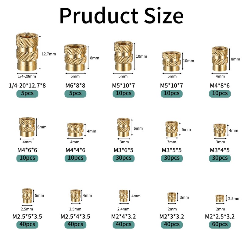 370 Pcs Brass Knurled Insert, M2 M2.5 M3 M4 M5