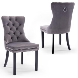 YICORPS Velvet Dining Chairs Set of 2 Upholstered Tufted Dining Room Chair Kitchen Side Chairs with Nailhead Trim and Wood Legs for Dining Room,Restaurant(Grey)