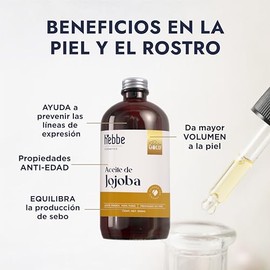 HEBBE - Aceite de Jojoba 500 g | Previene Líneas de Expresión, Propiedades Antiedad | Mayor Volumen a la Piel y Equilibrio en la Producción de Sebo | 