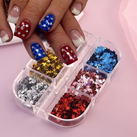 Star Nail Art Glitter Sequins, 4th of July Nail Glitters for Acrylic Nails, Red Blue White 3D Sparkly Stars Nail Foil Flakes Independence Day Nail Art Supplies USA Holiday Manicure Decoration, 6Grids