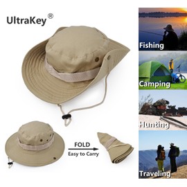 Outdoor Wide Brim Sun Protect Hat, Classic US Combat Army Style Bush Jungle Sun Cap for Fishing Hunting Camping Light Khaki 1