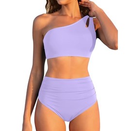 Women High Waisted Bikini - One Shoulder Bathing Suit Tummy Control Two Piece Swimsuit 2025 Lavender Large