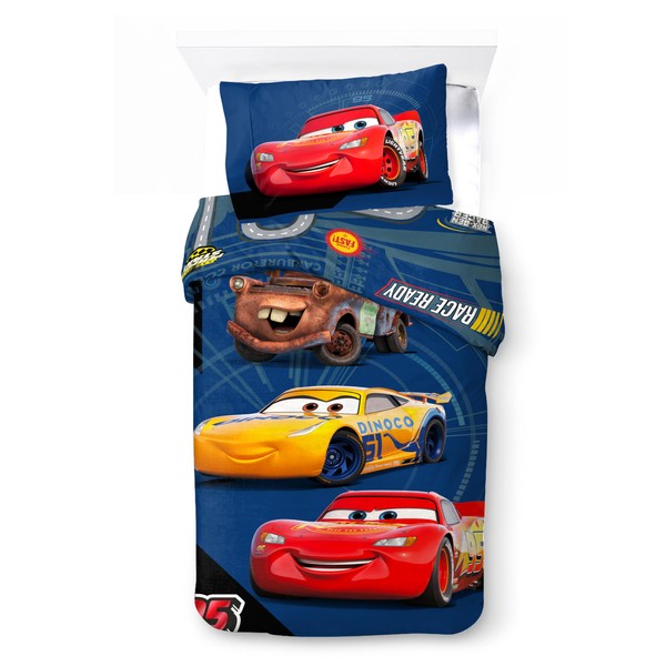 Character World Official Cars Kids Single Duvet Cover Set | Reversible 2 Sided Bedding Including Matching Pillow Case | Race Ready Design Single Bed Set