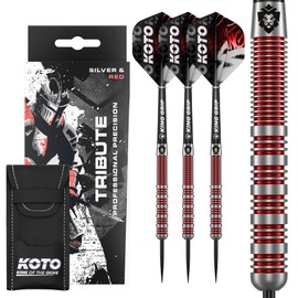 KOTO Tribute Darts 18 G, Silver & Red, Darts Set Including 3 Barrels, Flights + Shafts & Dart Wallet, Fixed Ring Grip