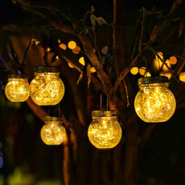 Cooo 2 Pack Crackle Glass Solar Lantern with 30 LED Firefly Lights– Waterproof Outdoor Hanging Lamp 215% Larger Solar Panel, Anti-Rust Lids Decorative Lighting for Garden Patio Christmas Decorations