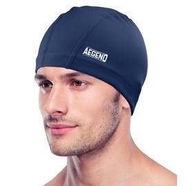 Aegend Fabric Swim Cap, Silicone Waterproof Layer - Breathable Cloth Swimming Cap, Keep Hair Dry with Hight Elasticity for Women Men Youth Kids, 2 Sizes to Choose (Navy Blue, Large)