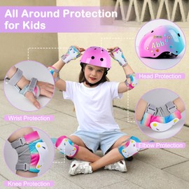 Kids Helmet, Toddler Bike Helmet with DIY Stickers Unicorn Knee Pads and Elbow Pads Set Adjustable Protective Gear Set for Girls Age 3-5-8 Years fit Roller Skates, Bicycle, Skateboarding, Scooter