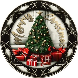 Tommery 8x8 Inch Round Tin Metal Sign Festive Christmas Tree with Gift Boxes Merry Christmas Wall Art for Home Decor Bedroom Door Decor - Great Gift for Friend! (Merry Christmas)