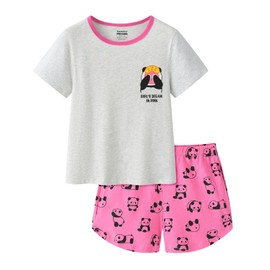 CYCHELRY Big Girls Summer Pajamas Set-Grey Pandas Short Sleeve and Pink Shorts Sleepwear Loungewear PJS Size 6