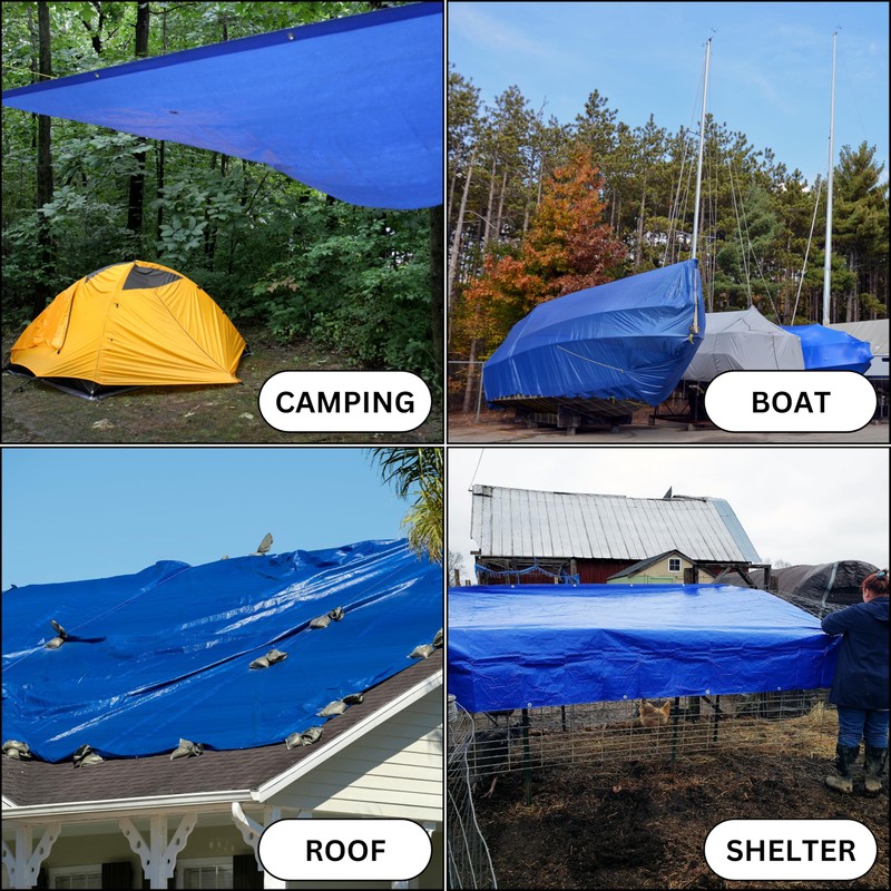All Purpose Blue Poly Tarp, Waterproof Tarp w/Grommets Every 36",